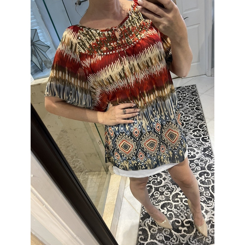 Avenue Multi-Color Earth Brown Red Semi-Sheer Sequin Top Plus Size 26/28